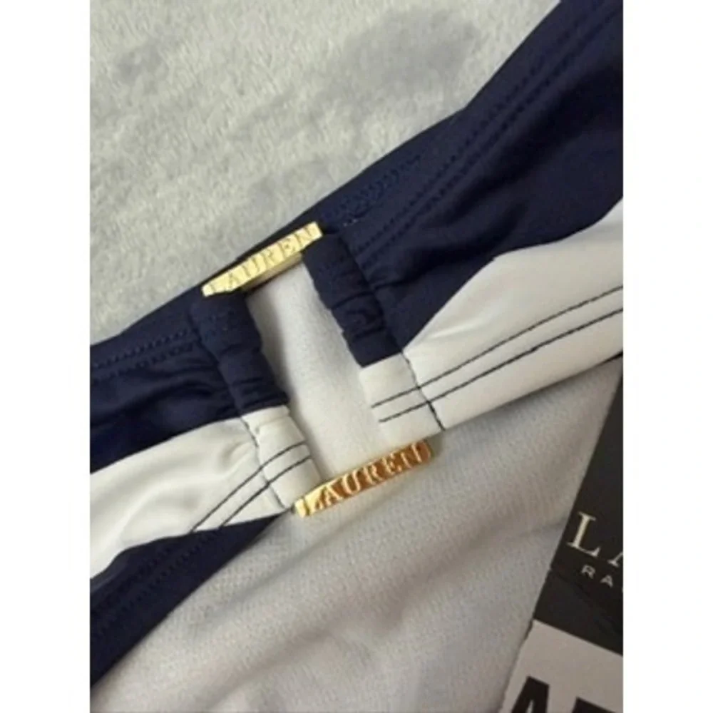 NWT Lauren Ralph Lauren Striped Ring Hipster Bikini Bottoms, Navy/White 10 $70